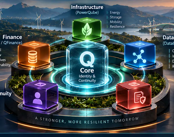 A central Core cube for identity and continuity, ringed by cubes for infrastructure, finance, data and AI, and regulation