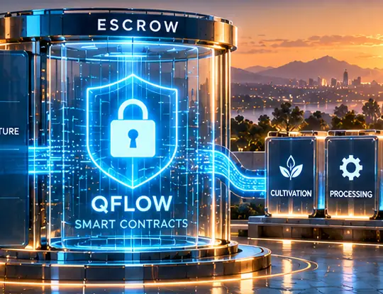 A glass escrow vault with a padlock shield, labelled QFlow smart contracts