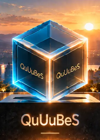 A glass QuUuBeS cube on a pedestal at sunset