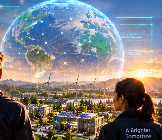 People looking out toward a glowing globe over a sustainable town at sunrise