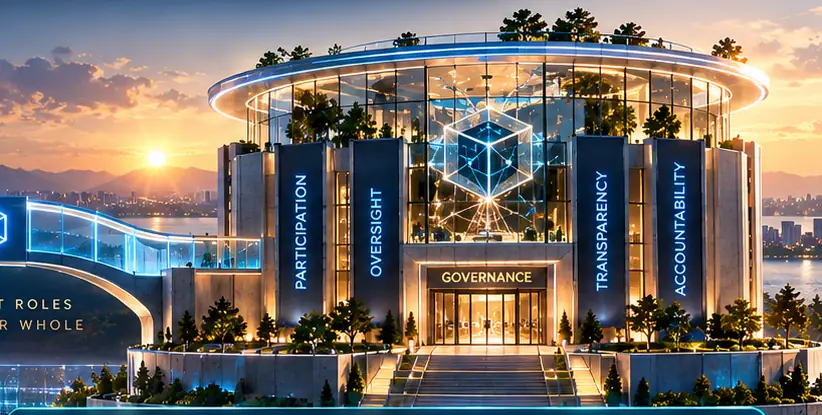 A glass governance building with pillars for participation, oversight, transparency and accountability
