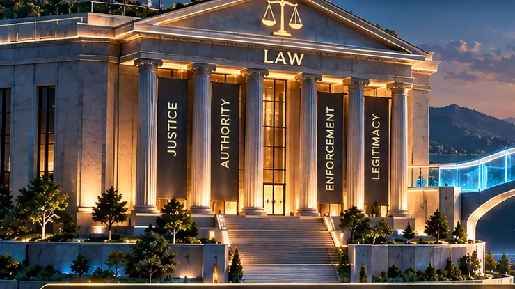 A classical courthouse inscribed Law, Justice, Authority, Enforcement, Legitimacy