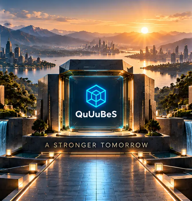 The QuUuBeS monument between two waterfalls, inscribed 'A stronger tomorrow'