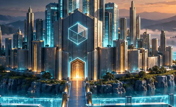 A crystalline city on an island, encircled by a glowing moat at sunrise