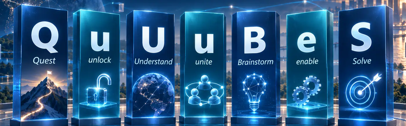 Seven glowing pillars spelling QuUuBeS: Quest, unlock, Understand, unite, Brainstorm, enable, Solve