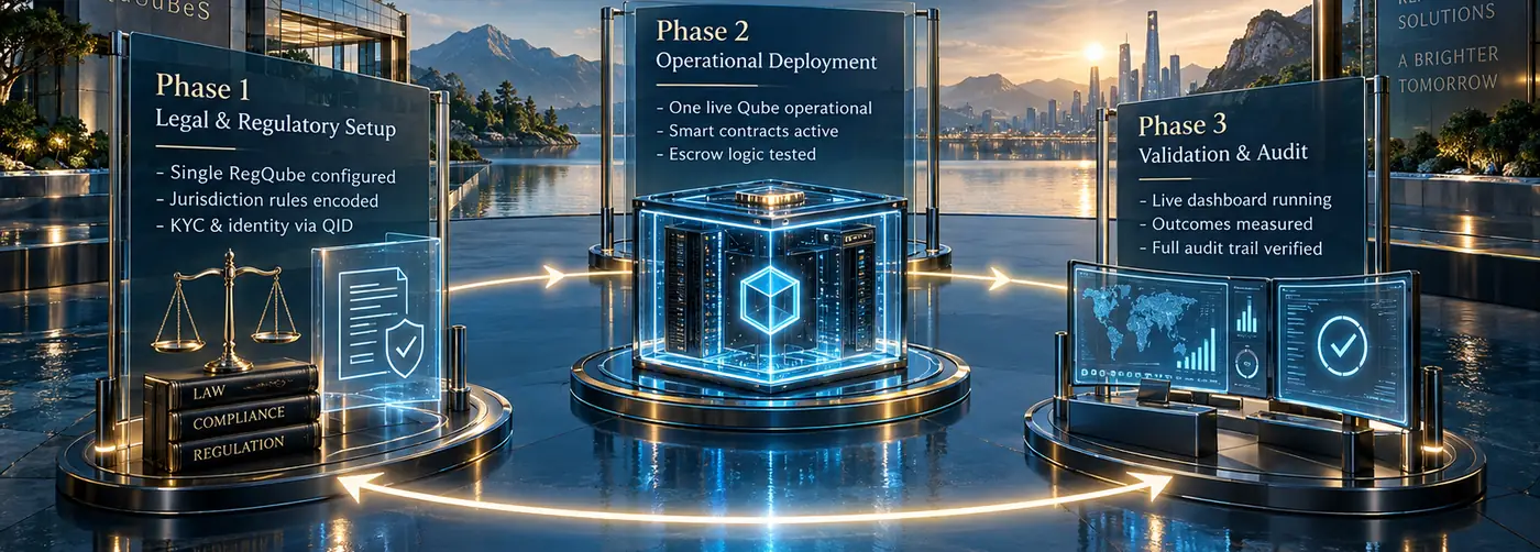 Three phases around a central Qube: legal and regulatory setup, operational deployment, validation and audit