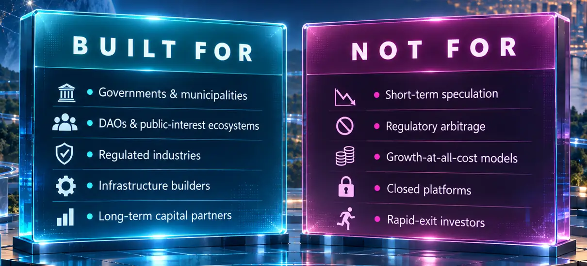 Two panels. Built for: governments and municipalities, DAOs and public-interest ecosystems, regulated industries, infrastructure builders, long-term capital partners. Not for: short-term speculation, regulatory arbitrage, growth-at-all-cost models, closed platforms, rapid-exit investors.