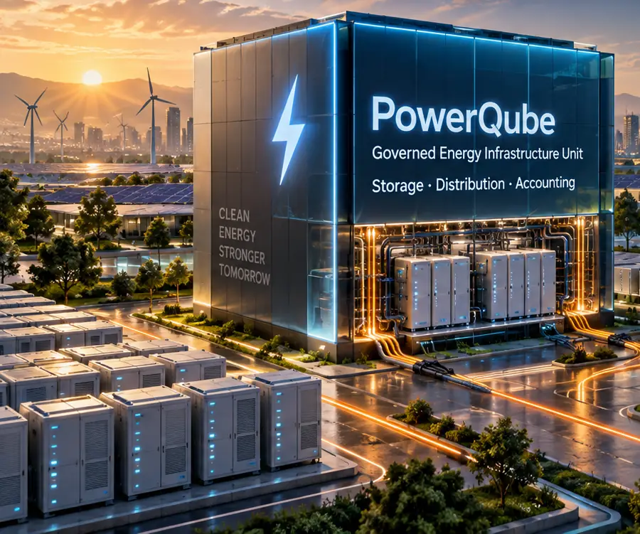 A PowerQube building — a governed energy infrastructure unit for storage, distribution and accounting — beside battery units and EV chargers