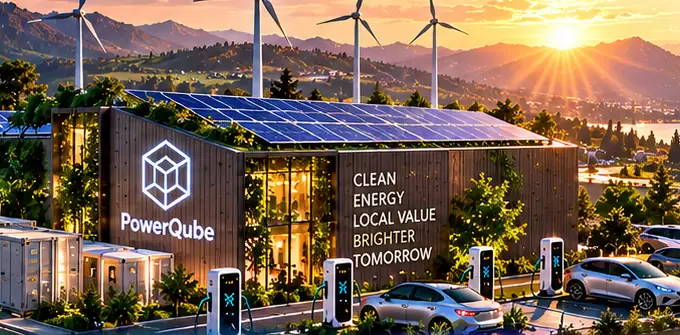 A PowerQube site with rooftop solar, wind turbines and EV charging