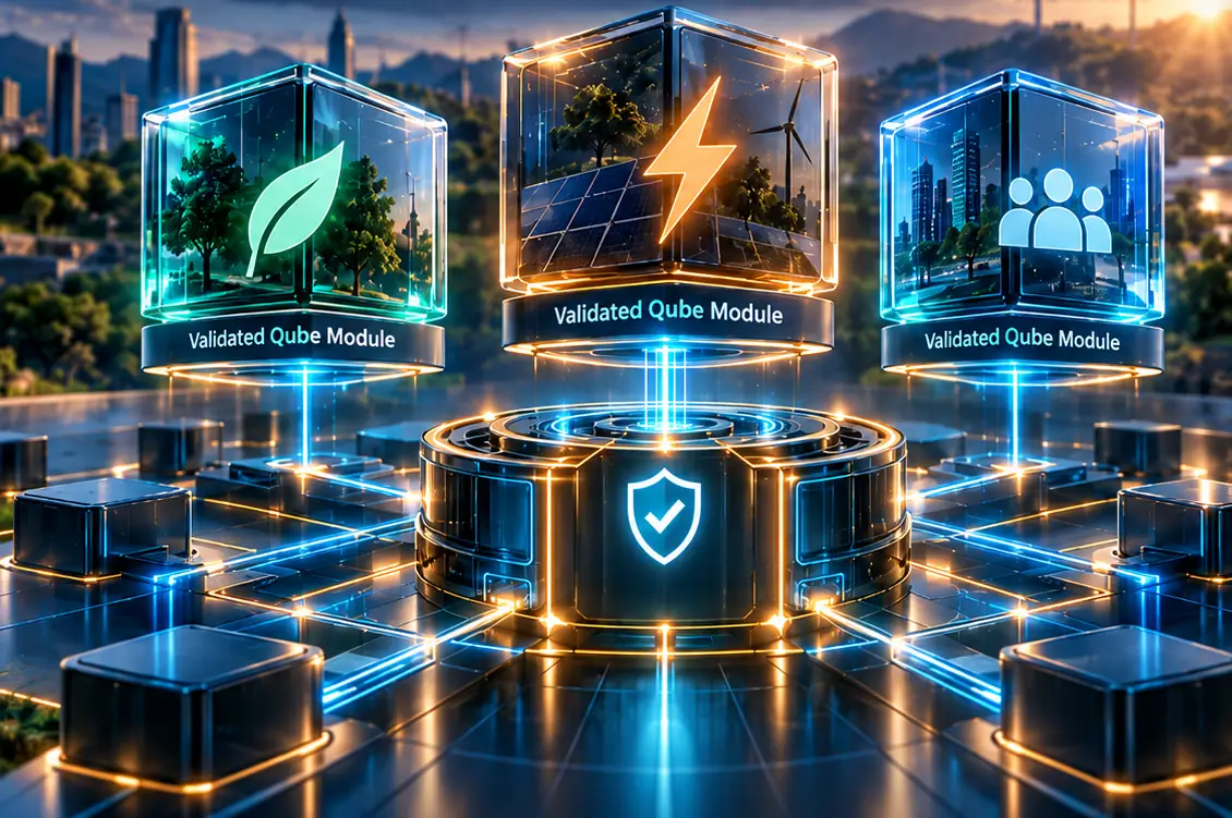 Three validated Qube modules — nature, energy and community — linked to a central shield