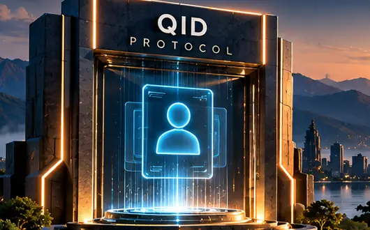 A monumental gateway labelled QID Protocol with an identity symbol