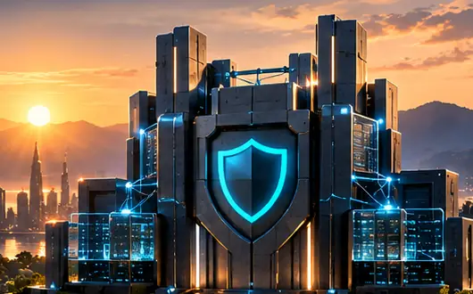 A fortified structure with a glowing shield