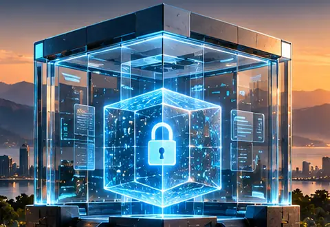 A padlock inside nested glass cubes