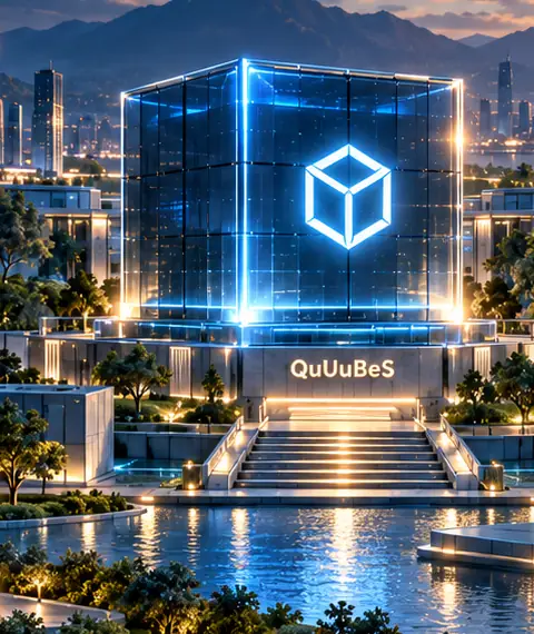 A glowing QuUuBeS cube above a modern headquarters by the water
