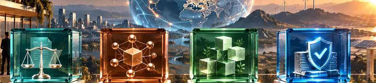 Four glass cubes: scales of justice, a network node, stacked building blocks and a shield